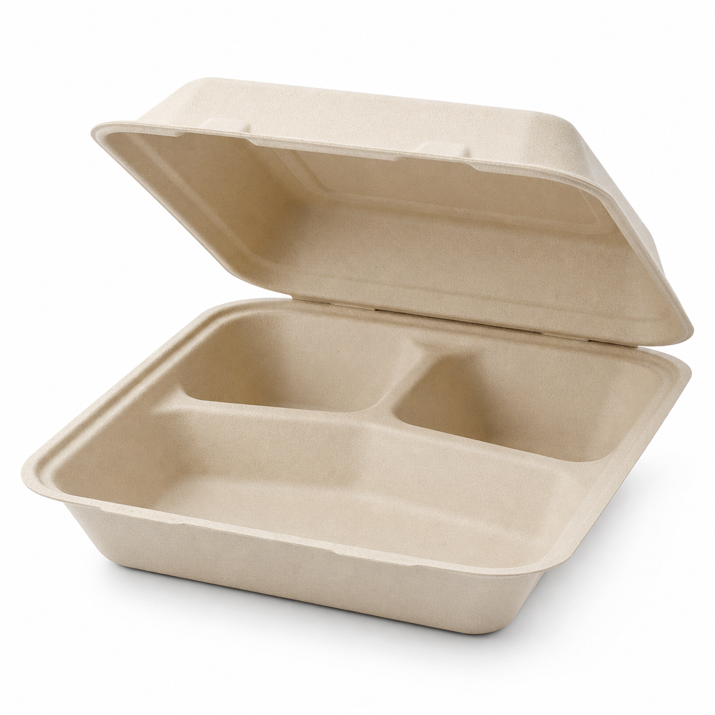 Pactiv EarthChoice Hinged Fiber Container, 9" x 9", 3-Compartment, 200/Case